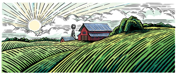 Wall Mural - Rural landscape with a farm in engraving style and painted in color.