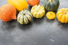 Different Pumpkins And Gourds On The Dark Grey Background, Copy Space For Text, Selective Focus
