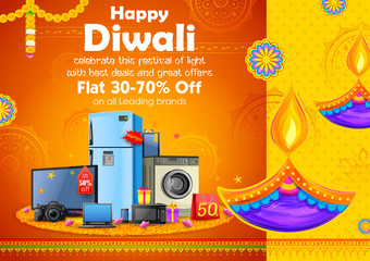 Sticker - Burning diya on Happy Diwali Holiday Sale promotion advertisement background for light festival of India