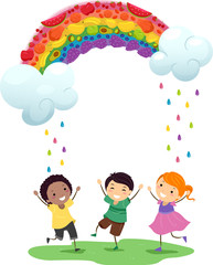 Wall Mural - Stickman Kids Rainbow Fruits Rain Illustration