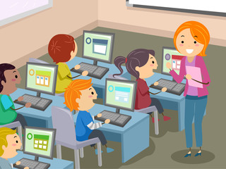 Stickman Kids Computer Lab Illustration