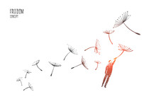 Freedom Concept. Hand Drawn Man Flying With Dandelions. Person Flying And Free Isolated Vector Illustration.
