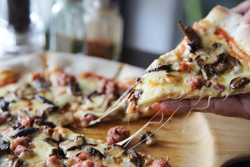 Pizza mushroom and sausage , Italian food