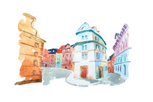 Aquarelle Painting Of Portuguese Street With Old Historical Buildings