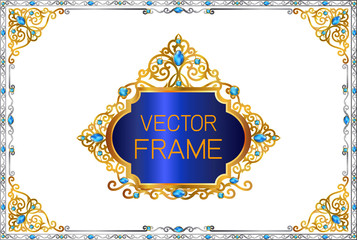 Fototapete - Gold border with blue gemstones design, frame photo template, certificate template with luxury and modern pattern,diploma,Vector illustration