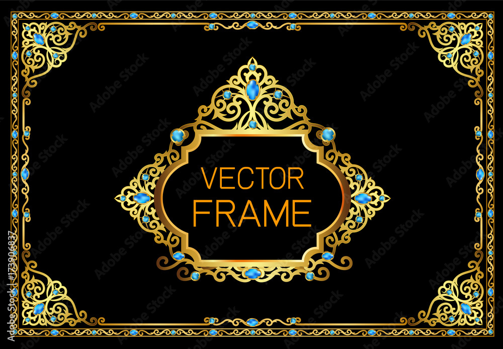 Gold border with blue gemstones design, frame photo template ...