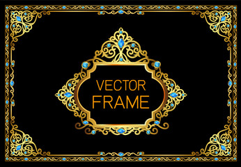 Fototapete - Gold border with blue gemstones design, frame photo template, certificate template with luxury and modern pattern,diploma,Vector illustration
