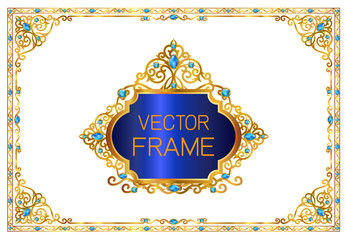 Leinwandbilder - Gold border with blue gemstones design, frame photo template, certificate template with luxury and modern pattern,diploma,Vector illustration