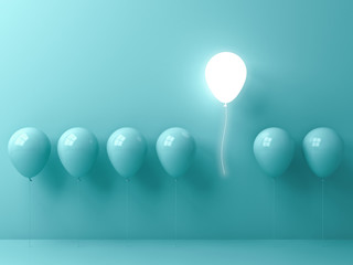 Wall Mural - Stand out from the crowd and different concept , One light balloon flying away from other green balloons on light green pastel color wall background with window reflections and shadows . 3D rendering.