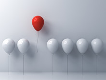 Stand Out From The Crowd And Different Concept , One Red Balloon Flying Away From Other White Balloons On White Wall Background With Window Reflections And Shadows . 3D Rendering.