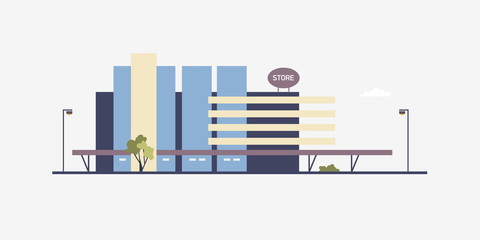 Fototapete - Modern building of megastore or shopping center built in contemporary architectural style. Facade of big box store, supermarket or outlet shop. Commercial real estate. Flat vector illustration.