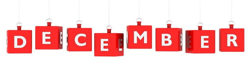 Wall Mural - december calendar background - word text on glossy red cubes hanging on white background