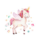 Isolated cute watercolor unicorn clipart. Nursery unicorns illustration. Princess rainbow unicorns poster. Trendy pink cartoon horse.