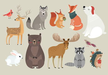 Poster - Christmas set, hand drawn style - forest animals. \