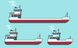 Small and big transport ships flat cartoon line outline style, boats vector illustration set, empty freight vessel and small ferry or fishing boat isolated