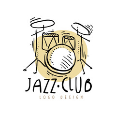 Poster - Jazz club logo design, vintage music label with drum kit, element for flyer, card, leaflet or banner, hand drawn vector Illustration