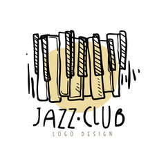 Wall Mural - Jazz club logo design, vintage music label with piano keyboard, element for flyer, card, leaflet or banner, hand drawn vector Illustration