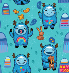 Wall Mural - Cute monsters friendly seamless pattern. Vector illustration