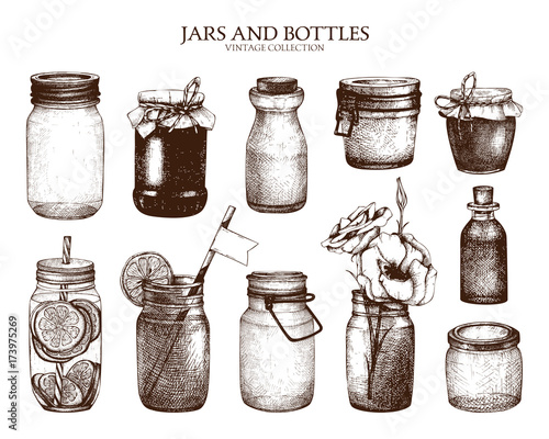 Vector Collection Of Ink Hand Drawn Mason Jars And Bottles