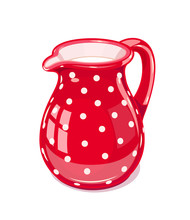Red Ceramic Jug With Milk. Fictile Tableware. Capacity