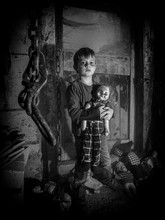 Creepy Kid And Scary Clown Doll In The Barn