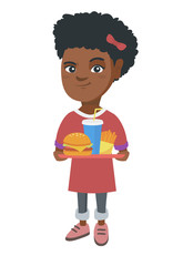 Poster - Little african-american girl holding a tray with fast food. Smiling girl eating cheeseburger with french fries and soda. Vector sketch cartoon illustration isolated on white background.