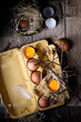 Cooking ingedients, bakery background. Fresh eggs in a box.