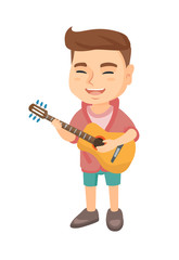 Sticker - Caucasian cheerful boy singing and playing the acoustic guitar. Full length of happy boy with a guitar. Vector sketch cartoon illustration isolated on white background.