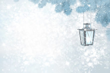 Vector Christmas  Lantern  On Bokeh Winter Background.