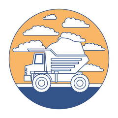 Poster - dump truck in circular frame with cloud landscape on color section silhouette