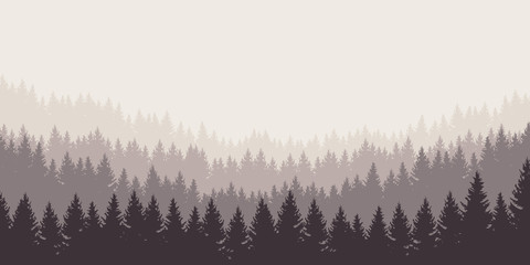 Wall Mural - panoramic vector illustration of a forest under a overcast gray sky