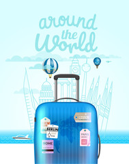 Poster - Vacation travelling composition with the bag. Summer vacation concept