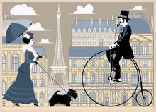 Girl With Dog And Umbrella, And A Gentleman On A Bicycle On Paris Background.. Handmade Drawing Vector Illustration. Vintage Style