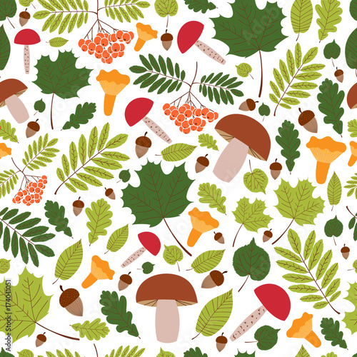 Autumn Forest Pattern Vector Seamless Leaves Rowan Berries Oaks