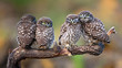 Four little owls sitting in pairs on a stick.