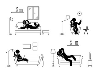 Stick figure resting at home position set. Sitting, lying, listening to music, using laptop, drinking wine vector icon relaxing woman posture on sofa and armchair. Furniture silhouette pictogram