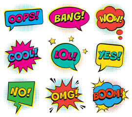 Wall Mural - retro colorful comic speech bubbles set with halftone shadows on white background. expression text b