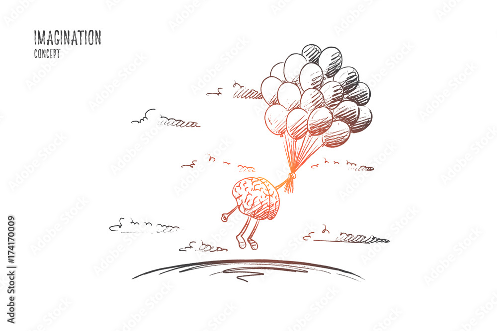 Imagination concept. Hand drawn brains flying with balloons. Flying brains as symbol of imagination isolated vector illustration. - obrazy, fototapety, plakaty 
