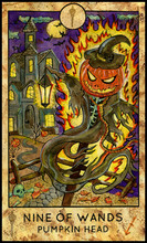 Pumpkin Head, Halloween Background. Minor Arcana Tarot Card. Nine Of Wands