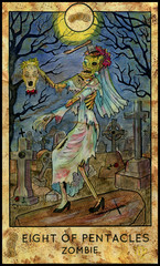 Wall Mural - Zombie bride. Minor Arcana Tarot Card. Eight of Pentacles