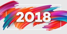 2018 New Year On The Background Of A Colorful Brushstroke Oil Or Acrylic Paint Design Element For Presentations, Flyers, Leaflets, Postcards And Posters. Vector Illustration