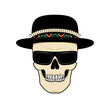 Graphic illustration of skull in hat and sunglasses