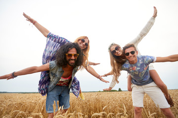 Sticker - happy hippie friends having fun on cereal field