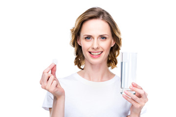 Wall Mural - woman with glass of water and pill