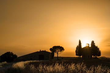 Wall Mural - vitaleta chapel at sunset, tuscan landscape near san quirico d'orcia, siena, tuscany, italy