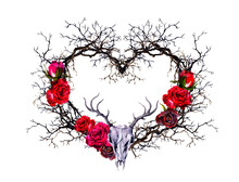 Heart Shape, Deer Animal Skull. Branches, Rose Flowers. Watercolor In Gothic Style