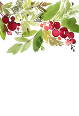 Wall Mural - Christmas with berries watercolor postcard.