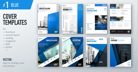 Wall Mural - Set of business cover design template in blue color for brochure, report, catalog, magazine or booklet. Creative vector background concept