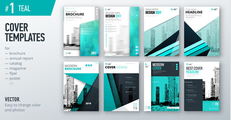 Wall Mural - Set of business cover design template in teal color for brochure, report, catalog, magazine or booklet. Creative vector background concept