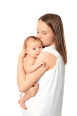 Canvas Print - Mother holding cute newborn baby on white background